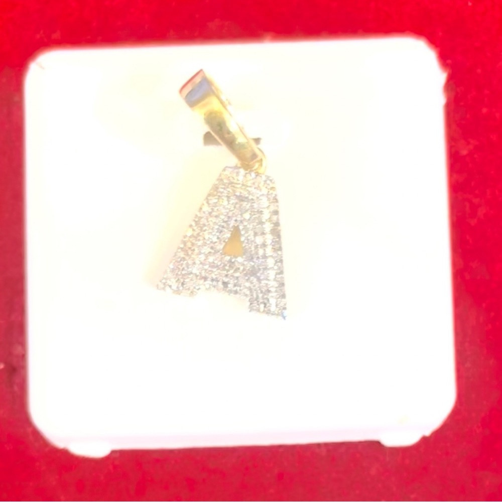 10K Yellow Gold diamond initial A. This is micro pave’. Small & petite. 0.12CT.